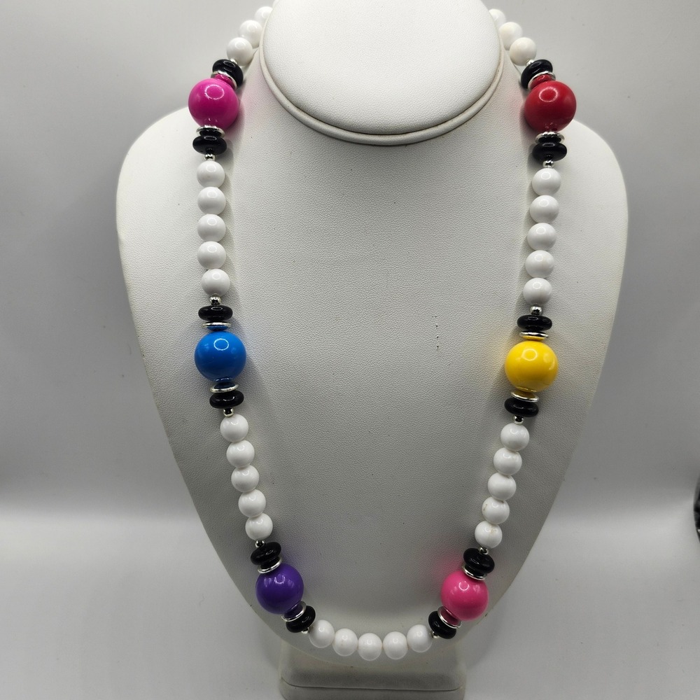 Vintage Multi Color Chunky Bead Necklace White Red Blue Yellow Purple Pink Retro